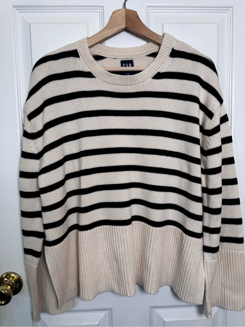 Gap 100% Cotton Cream Black Stripe Oversized Ribbed Hem Sweater Small